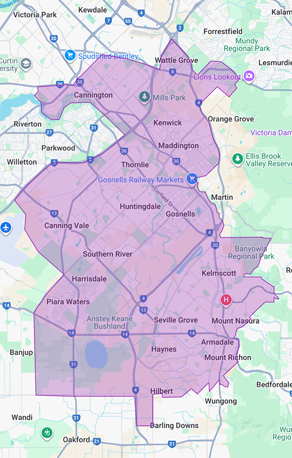 Map showing Dr Dave's regular care service area