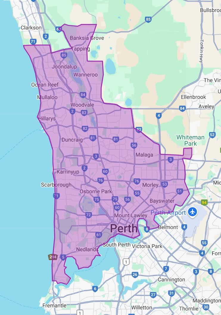 Map showing the service area Dr Sarah is covering
