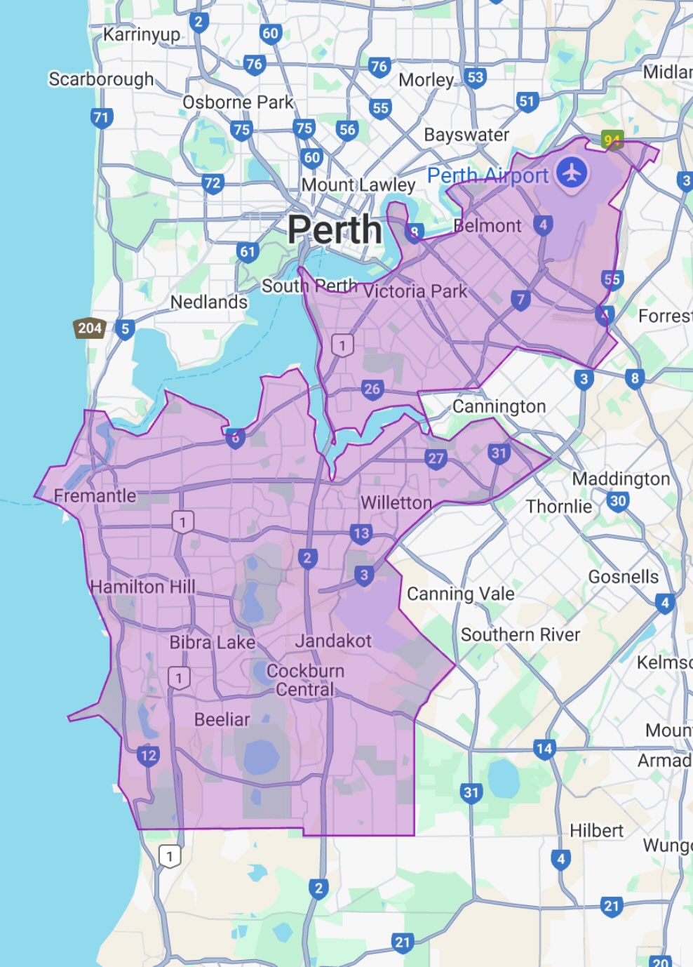A map of the region of Perth within which Dr Averil Tam provides home visits